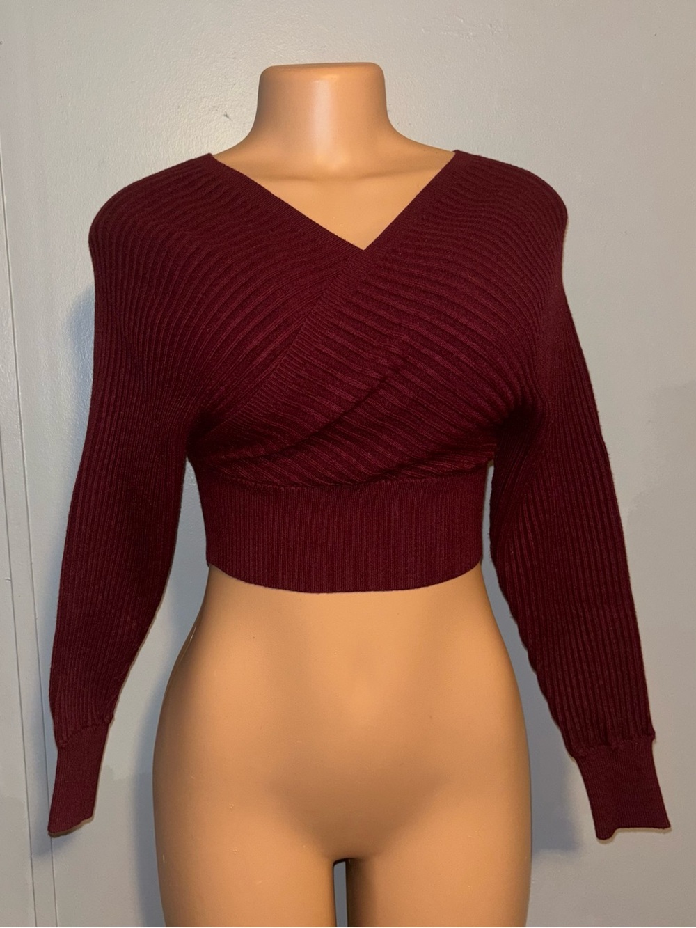 Windsor Burgundy Cropped Ribbed V-Neck Sweater